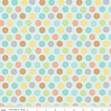 Image of the Pretty Kitty™ Yarn Dots Blue quilting cotton fabric by Doodlebug Design Inc for Riley Blake Designs. Features balls of yarn on a teal background. Cute Little Fabric Shop