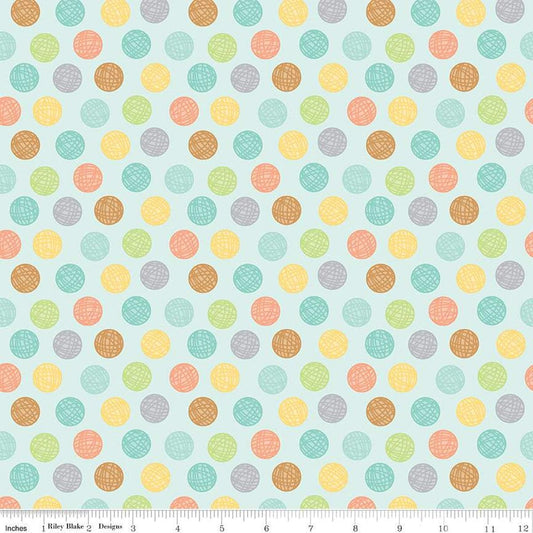 Image of the Pretty Kitty™ Yarn Dots Blue quilting cotton fabric by Doodlebug Design Inc for Riley Blake Designs. Features balls of yarn on a teal background. Cute Little Fabric Shop