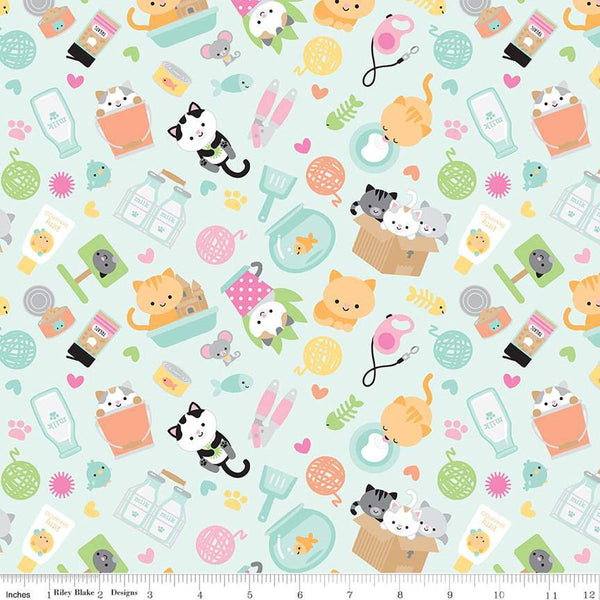 Image of the Pretty Kitty™ Yarn Main Blue quilting cotton fabric by Doodlebug Design Inc for Riley Blake Designs. Features cat icons on a teal background. Cute Little Fabric Shop