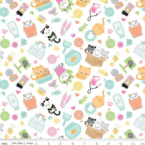 Image of the Pretty Kitty™ Yarn Main White quilting cotton fabric by Doodlebug Design Inc for Riley Blake Designs. Features cat icons on a white background. Cute Little Fabric Shop