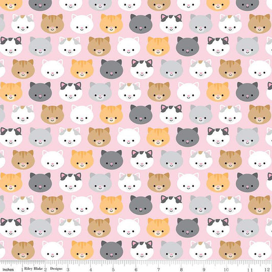 Image of the Pretty Kitty™ Yarn Main Pink quilting cotton fabric by Doodlebug Design Inc for Riley Blake Designs. Features cat icons on a pink background. Cute Little Fabric Shop
