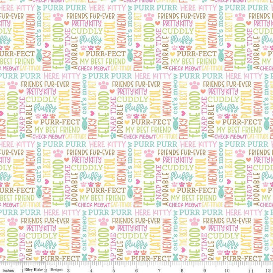 Image of the Pretty Kitty™ Kitty Talk White quilting cotton fabric by Doodlebug Design Inc for Riley Blake Designs. Features words on a white background. Cute Little Fabric Shop