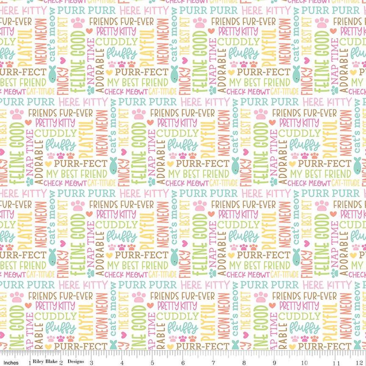 Image of the Pretty Kitty™ Kitty Talk White quilting cotton fabric by Doodlebug Design Inc for Riley Blake Designs. Features words on a white background. Cute Little Fabric Shop