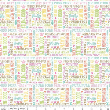 Image of the Pretty Kitty™ Kitty Talk White quilting cotton fabric by Doodlebug Design Inc for Riley Blake Designs. Features words on a white background. Cute Little Fabric Shop