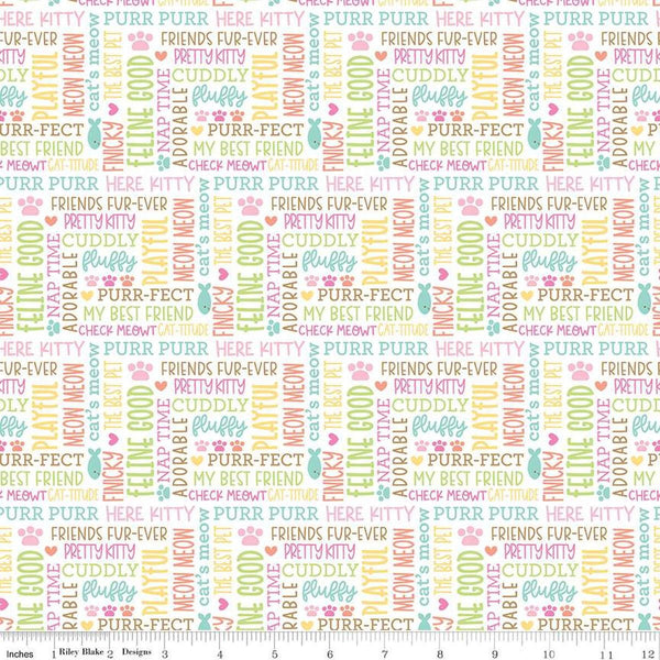 Image of the Pretty Kitty™ Kitty Talk White quilting cotton fabric by Doodlebug Design Inc for Riley Blake Designs. Features words on a white background. Cute Little Fabric Shop