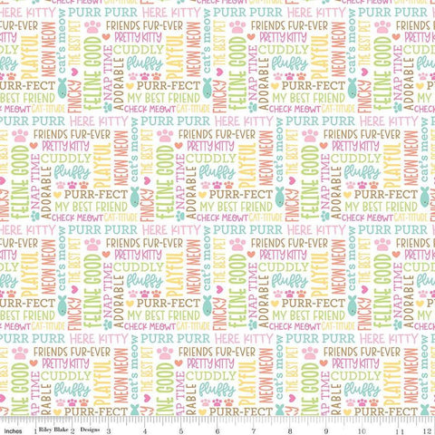 Image of the Pretty Kitty™ Kitty Talk White quilting cotton fabric by Doodlebug Design Inc for Riley Blake Designs. Features words on a white background. Cute Little Fabric Shop