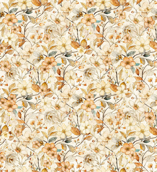 Image of the Hunny Bunny Floral Vine Tan quilting cotton fabric by Morris Creative Group by QT Fabrics. Features vines on a tan background. Cute Little Fabric Shop