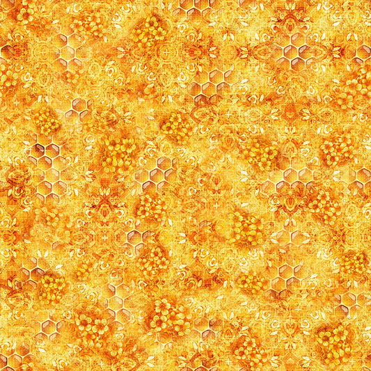 Image of the Hunny Bunny Honeycomb Blender Honey quilting cotton fabric by Morris Creative Group by QT Fabrics. Features honeycomb on a honey background. Cute Little Fabric Shop