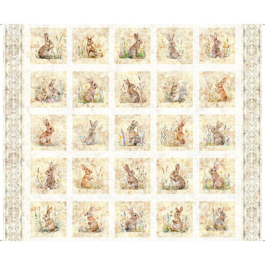 Image of the Hunny Bunny patches quilting cotton fabric by Morris Creative Group for QT Fabrics. Features a bunny on a cream fabric. 
Cute Little Fabric Shop