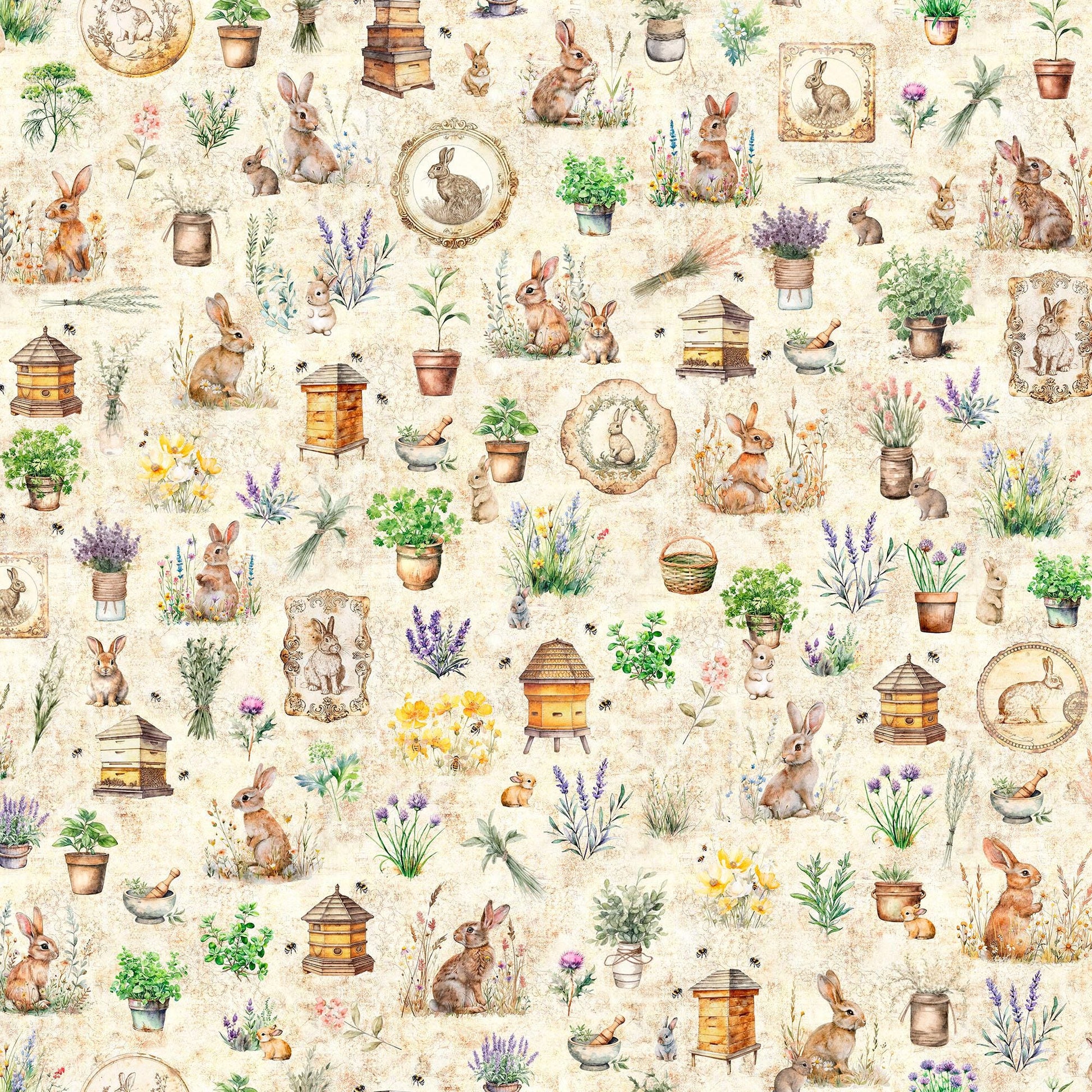 Image of the Hunny Bunny Bunny Allover Cream quilting cotton fabric by Morris Creative Group by QT Fabrics. Features bunnies on a cream background. Cute Little Fabric Shop