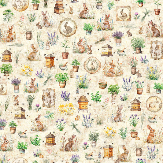 Image of the Hunny Bunny Bunny Allover Cream quilting cotton fabric by Morris Creative Group by QT Fabrics. Features bunnies on a cream background. Cute Little Fabric Shop