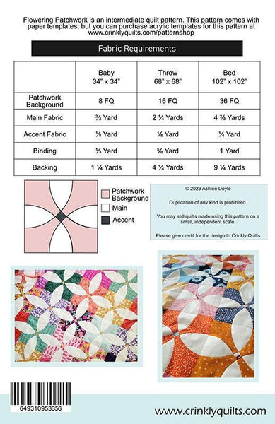 Image of the Flowering Patchwork quilt pattern by Crinkly Quilts by Moda Fabrics. Features the fabric requirements
Cute Little Fabric Shop