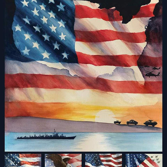 Image of the Letters From Home Flag Panel quilting cotton fabric by Vicki Gifford for Riley Blake Designs. Features an american flag in the shape of the US. 
Cute Little Fabric Shop