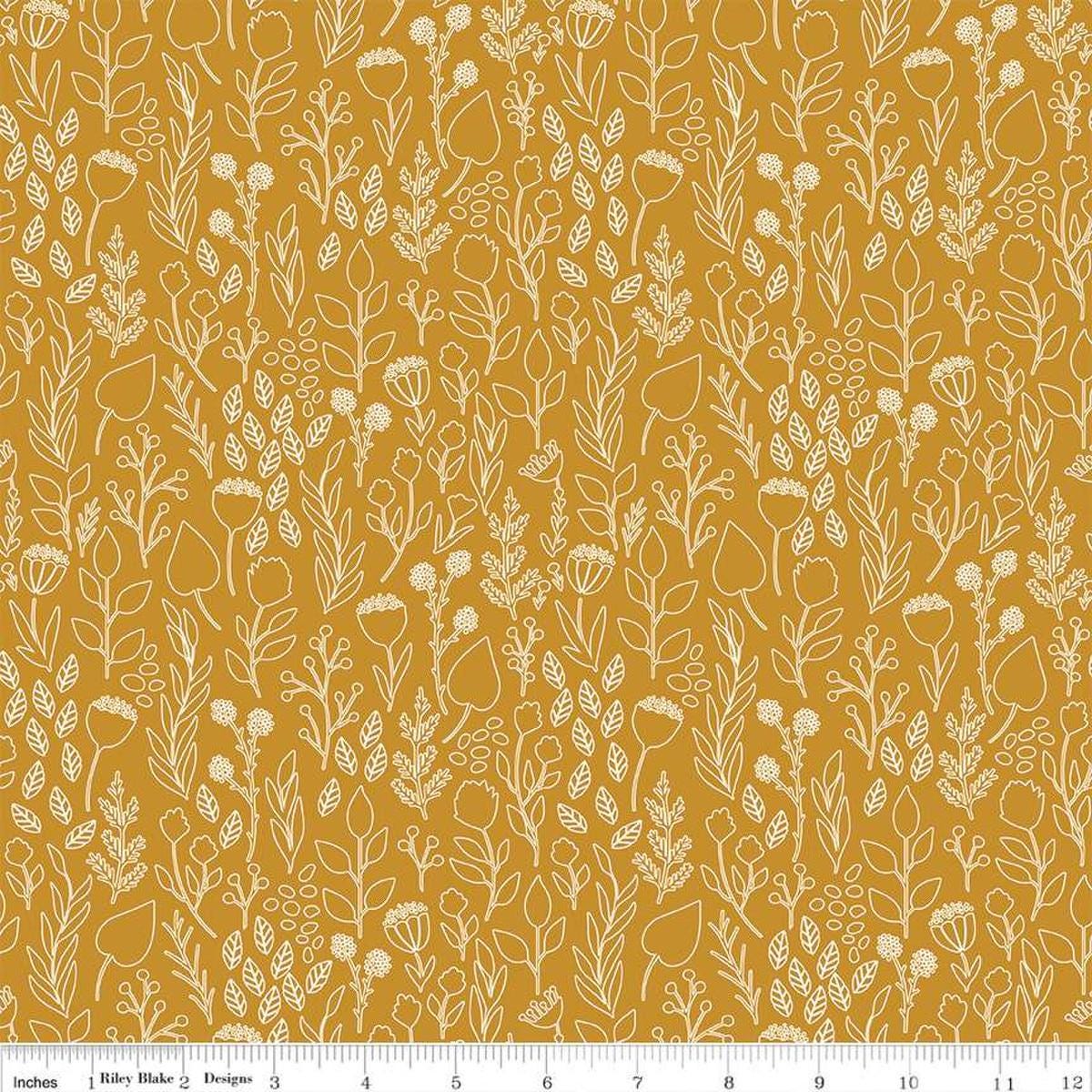 Blush 'n Butterscotch Outlines Butterscotch quilting cotton fabric by Simple Simon & Company for Riley Blake Designs. Features flowers on a gold background. Cute Little Fabric Shop