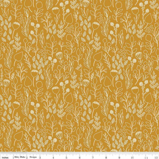 Blush 'n Butterscotch Outlines Butterscotch quilting cotton fabric by Simple Simon & Company for Riley Blake Designs. Features flowers on a gold background. Cute Little Fabric Shop