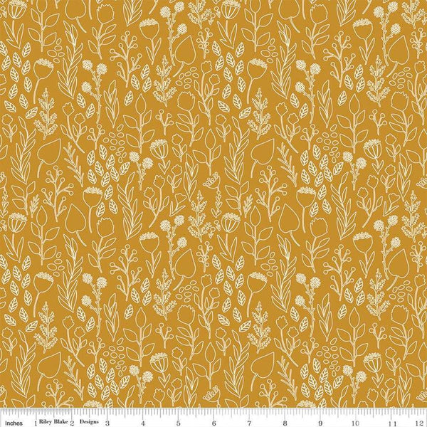 Blush &#39;n Butterscotch Outlines Butterscotch quilting cotton fabric by Simple Simon & Company for Riley Blake Designs. Features flowers on a gold background. Cute Little Fabric Shop