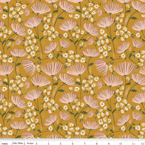 Blush 'n Butterscotch Main Butterscotch quilting cotton fabric by Simple Simon & Company for Riley Blake Designs. Features flowers on a gold background. Cute Little Fabric Shop