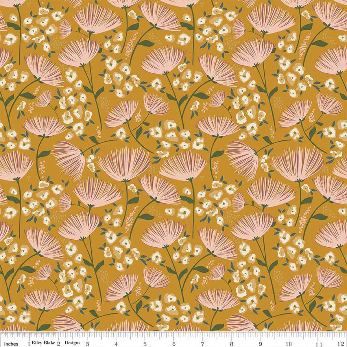 Blush 'n Butterscotch Main Butterscotch quilting cotton fabric by Simple Simon & Company for Riley Blake Designs. Features flowers on a gold background. Cute Little Fabric Shop