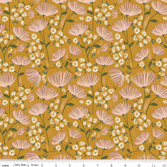 Blush 'n Butterscotch Main Butterscotch quilting cotton fabric by Simple Simon & Company for Riley Blake Designs. Features flowers on a gold background. Cute Little Fabric Shop