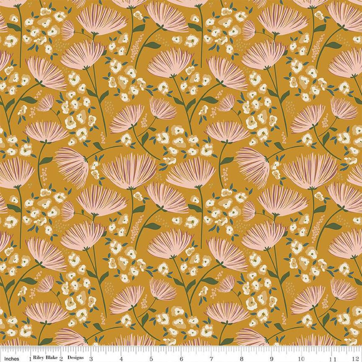 Blush 'n Butterscotch Main Butterscotch quilting cotton fabric by Simple Simon & Company for Riley Blake Designs. Features flowers on a gold background. Cute Little Fabric Shop