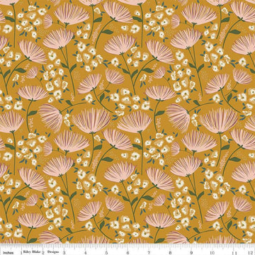 Blush 'n Butterscotch Main Butterscotch quilting cotton fabric by Simple Simon & Company for Riley Blake Designs. Features flowers on a gold background. Cute Little Fabric Shop