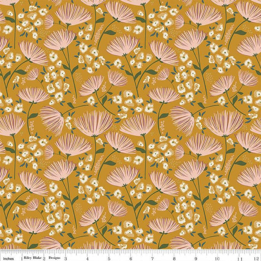 Blush 'n Butterscotch Main Butterscotch quilting cotton fabric by Simple Simon & Company for Riley Blake Designs. Features flowers on a gold background. Cute Little Fabric Shop