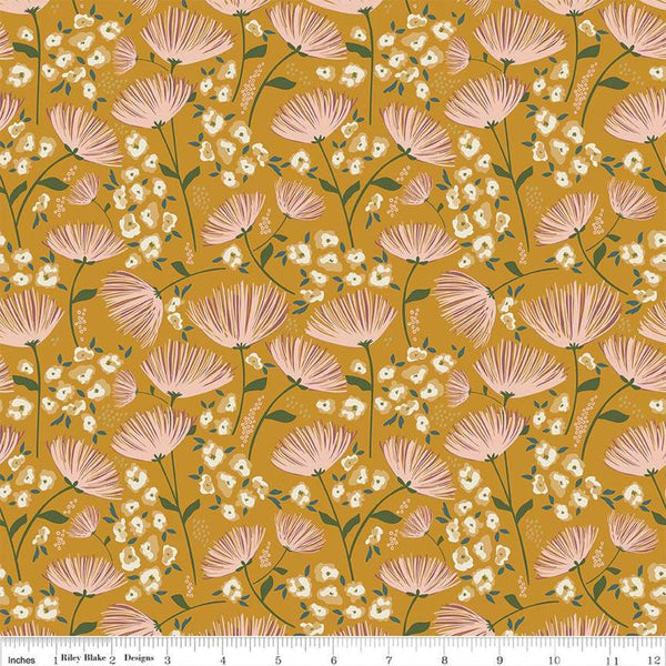 Blush &#39;n Butterscotch Main Butterscotch quilting cotton fabric by Simple Simon & Company for Riley Blake Designs. Features flowers on a gold background. Cute Little Fabric Shop