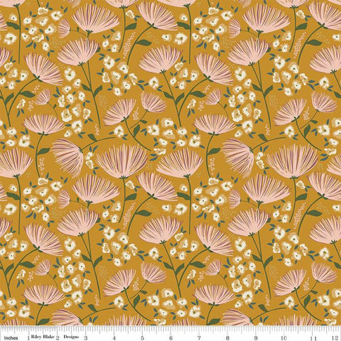 Blush &#39;n Butterscotch Main Butterscotch quilting cotton fabric by Simple Simon & Company for Riley Blake Designs. Features flowers on a gold background. Cute Little Fabric Shop