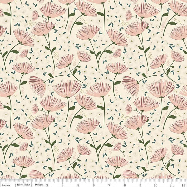 Blush &#39;n Butterscotch Main Cream quilting cotton fabric by Simple Simon & Company for Riley Blake Designs. Features flowers on a cream background. Cute Little Fabric Shop