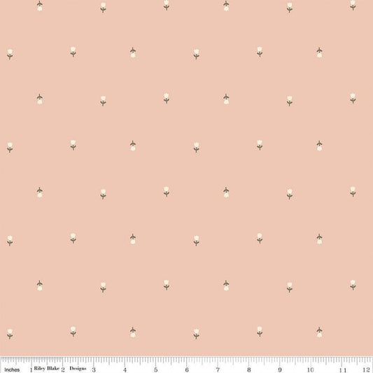 Blush 'n Butterscotch Tulips Blush quilting cotton fabric by Simple Simon & Company for Riley Blake Designs. Features striped clouds on a pink background. Cute Little Fabric Shop
