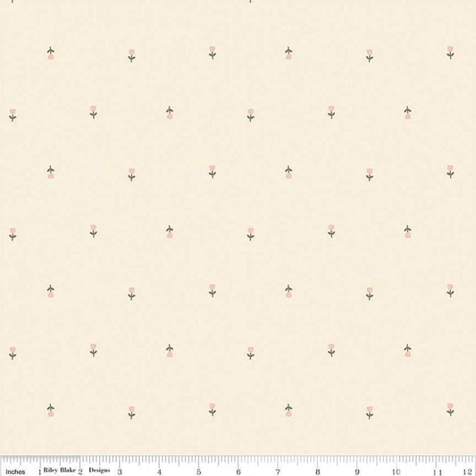 Blush 'n Butterscotch Tulips Cream quilting cotton fabric by Simple Simon & Company for Riley Blake Designs. Features striped clouds on a cream background. Cute Little Fabric Shop