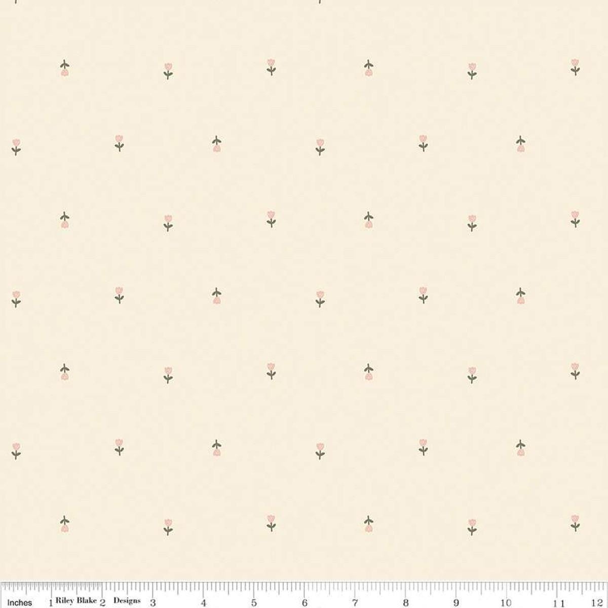 Blush 'n Butterscotch Tulips Cream quilting cotton fabric by Simple Simon & Company for Riley Blake Designs. Features striped clouds on a cream background. Cute Little Fabric Shop