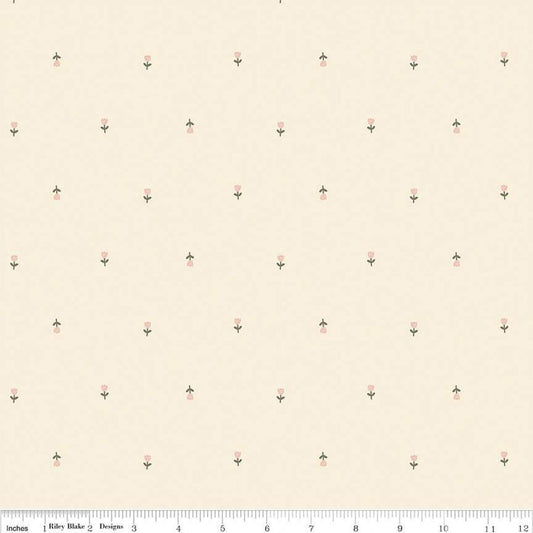 Blush 'n Butterscotch Tulips Cream quilting cotton fabric by Simple Simon & Company for Riley Blake Designs. Features striped clouds on a cream background. Cute Little Fabric Shop