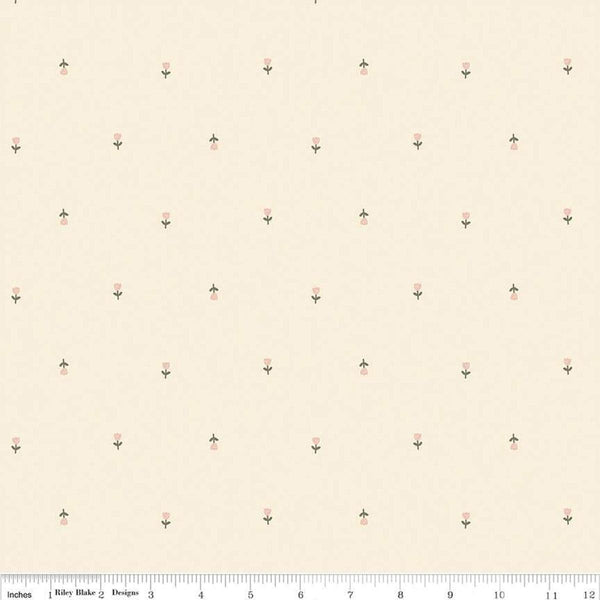 Blush &#39;n Butterscotch Tulips Cream quilting cotton fabric by Simple Simon & Company for Riley Blake Designs. Features striped clouds on a cream background. Cute Little Fabric Shop
