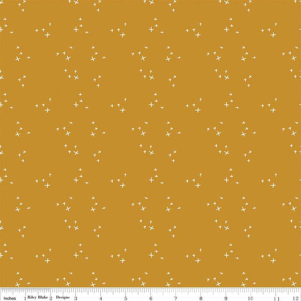 Blush &#39;n Butterscotch Cross Sparkles Butterscotch quilting cotton fabric by Simple Simon & Company for Riley Blake Designs. Features small sparkle crosses on a gold background. Cute Little Fabric Shop