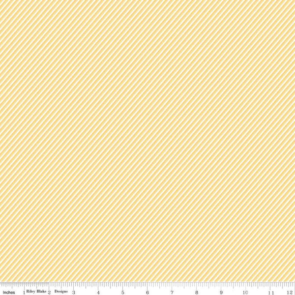 Image of the New Beginnings Stripes Buttercream quilting cotton fabric by Riley Blake Designs. Features stripes on a yellow background. Cute Little Fabric Shop