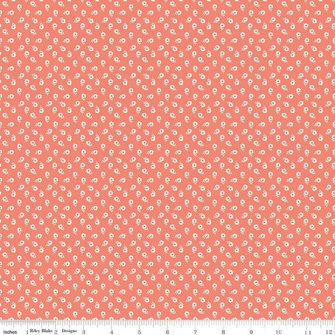 Image of the New Beginnings Posies Coral quilting cotton fabric by Riley Blake Designs. Features flowers on a coral background. Cute Little Fabric Shop