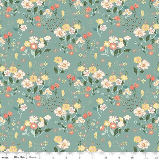 Image of the New Beginnings Floral Teal quilting cotton fabric by Riley Blake Designs. Features flowers on a teal background. Cute Little Fabric Shop