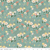 Image of the New Beginnings Floral Teal quilting cotton fabric by Riley Blake Designs. Features flowers on a teal background. Cute Little Fabric Shop