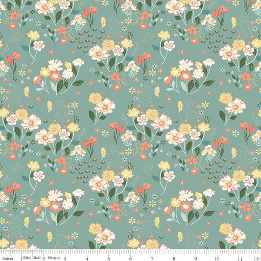 Image of the New Beginnings Floral Teal quilting cotton fabric by Riley Blake Designs. Features flowers on a teal background. Cute Little Fabric Shop