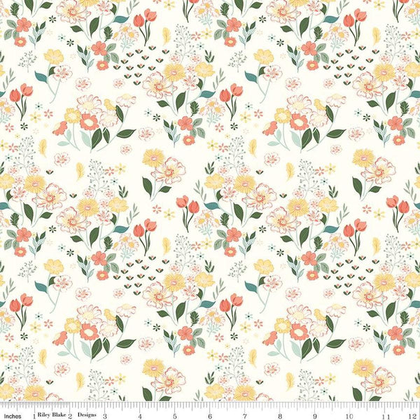 Image of the New Beginnings Floral Cream quilting cotton fabric by Riley Blake Designs. Features flowers on a cream background. Cute Little Fabric Shop