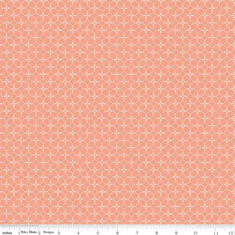 Image of the New Beginnings Tile Apricot quilting cotton fabric by Riley Blake Designs. Features geometric mosaics on a coral background. Cute Little Fabric Shop