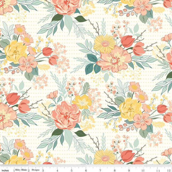 Image of the New Beginnings Main Cream quilting cotton fabric by Riley Blake Designs. Features flowers on a cream background. Cute Little Fabric Shop