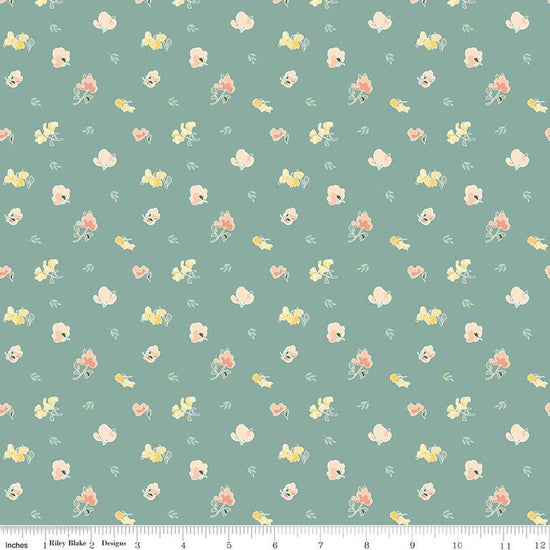 Image of the New Beginnings Sweet Peas Teal quilting cotton fabric by Riley Blake Designs. Features flowers on a teal background. Cute Little Fabric Shop