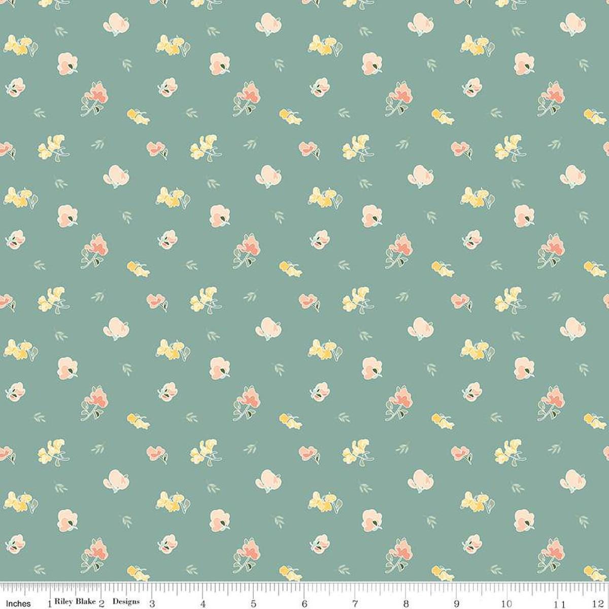 Image of the New Beginnings Sweet Peas Teal quilting cotton fabric by Riley Blake Designs. Features flowers on a teal background. Cute Little Fabric Shop