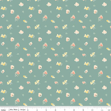 Image of the New Beginnings Sweet Peas Teal quilting cotton fabric by Riley Blake Designs. Features flowers on a teal background. Cute Little Fabric Shop