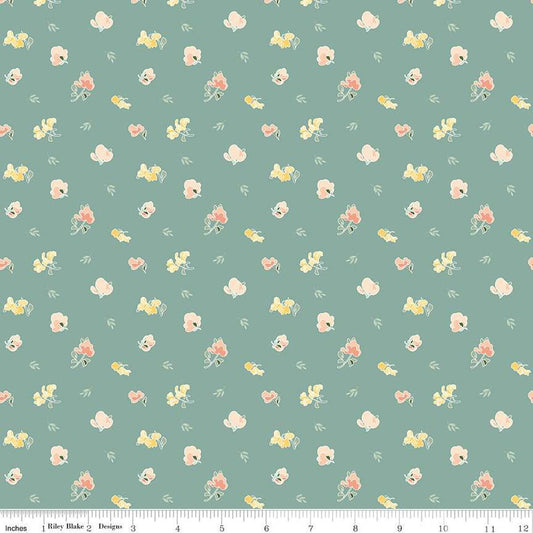 Image of the New Beginnings Sweet Peas Teal quilting cotton fabric by Riley Blake Designs. Features flowers on a teal background. Cute Little Fabric Shop