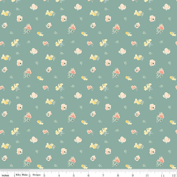 Image of the New Beginnings Sweet Peas Teal quilting cotton fabric by Riley Blake Designs. Features flowers on a teal background. Cute Little Fabric Shop