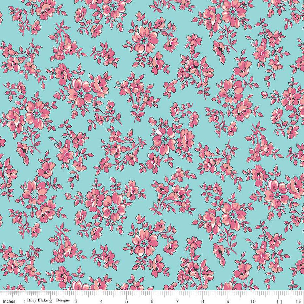 Image of the Precious Petites Blossoms Aqua quilting cotton fabric by Gerri Robinson for Riley Blake Designs. Features small flowers on a blue background. Cute Little Fabric Shop