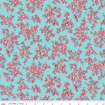 Image of the Precious Petites Blossoms Aqua quilting cotton fabric by Gerri Robinson for Riley Blake Designs. Features small flowers on a blue background. Cute Little Fabric Shop